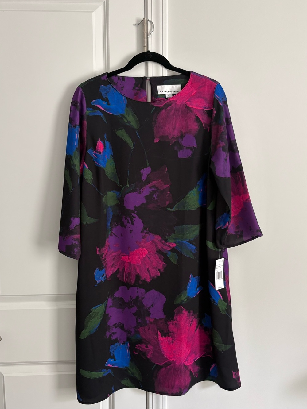 NWT Caroline Rose Black Floral Mini Dress with Purple, Fuchsia & Blue Accents